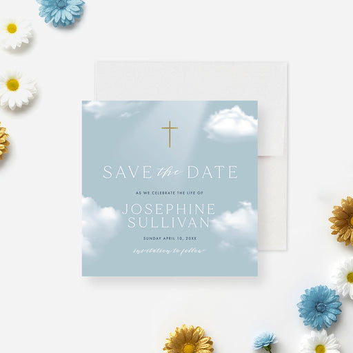 Celebration of life save the date card with blue sky clouds and gold cross design-front