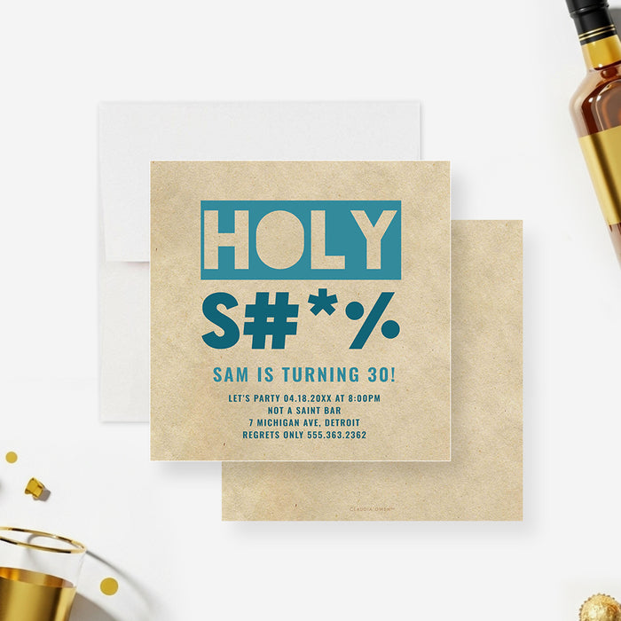 Funny 30th birthday invitation with bold modern typography and humorous wording for an adult milestone birthday celebration-front-back