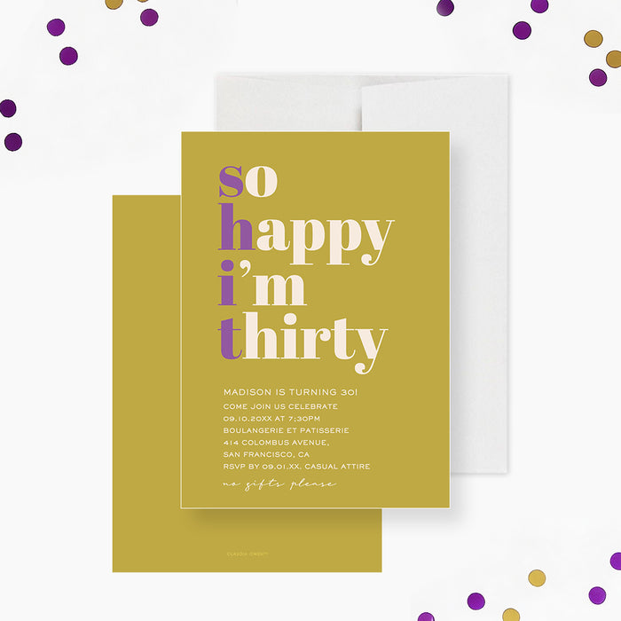 Personalized 30th birthday invitation in yellow and purple with funny "So Happy I'm Thirty" and custom party details-front-back