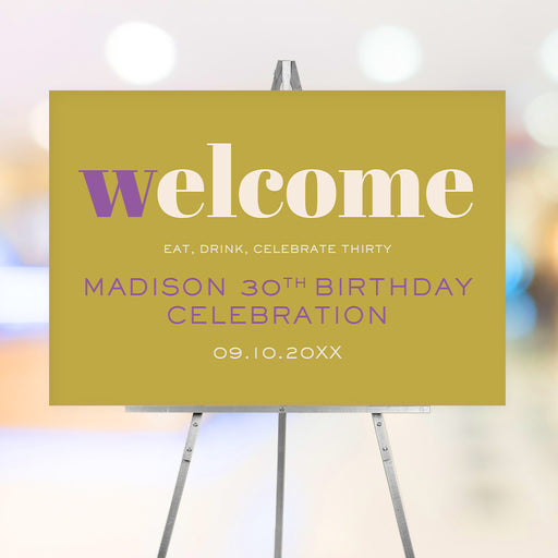 funny 30th birthday welcome sign with bold modern lettering, Eat Drink Celebrate Thirty wording, and personalized party details displayed on an easel