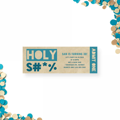 Funny 30th birthday ticket invitation with bold typography and admit one layout designed for an adult milestone birthday celebration.