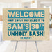 Funny 30th birthday welcome sign with bold typography and humorous wording for an adult milestone birthday party entrance display.