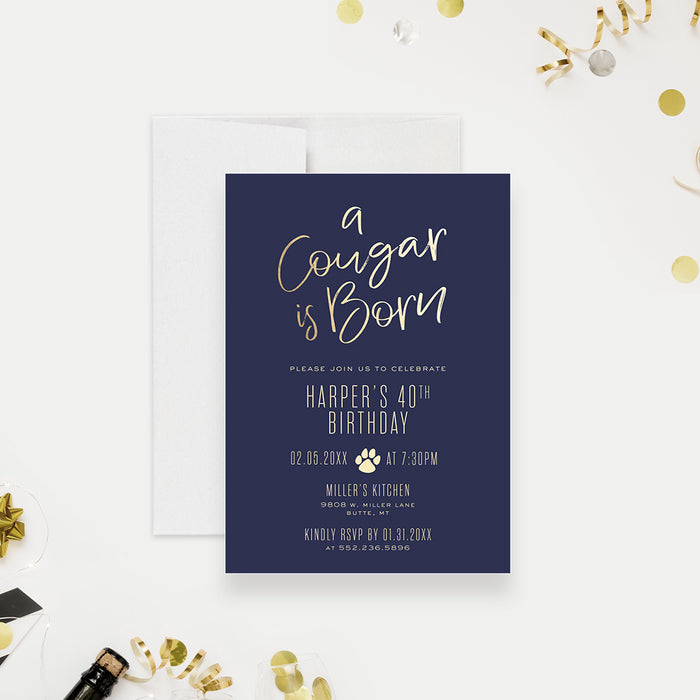 Funny 40th birthday invitation for women with gold text on navy background