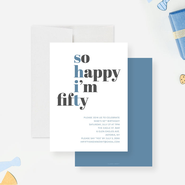 Modern 50th birthday invitation with bold typography reading "so happy i'm fifty" and “shit” letters in blue-front-back