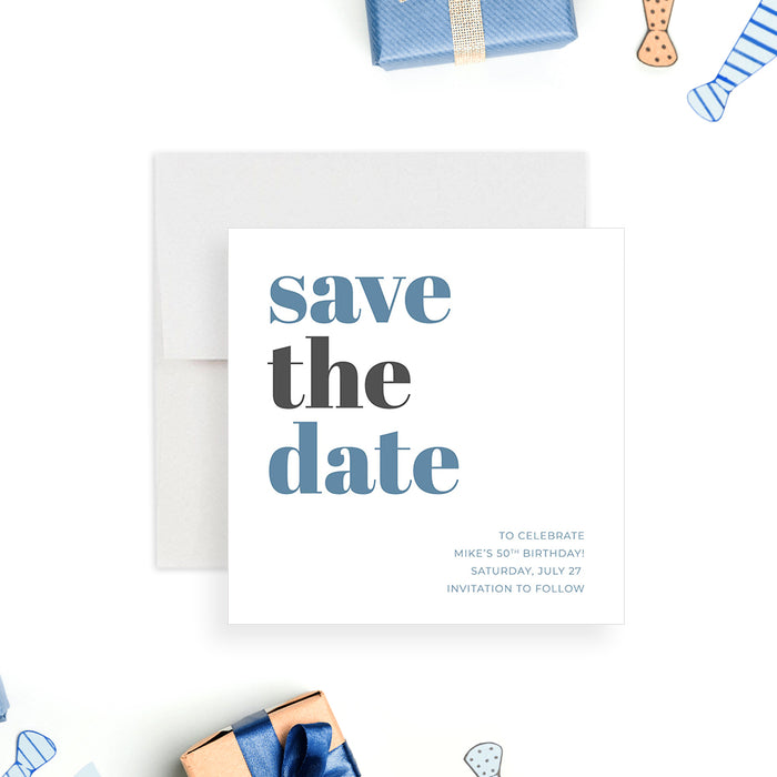 Modern save the date card with bold typography on a white background, personalized for a birthday celebration-front