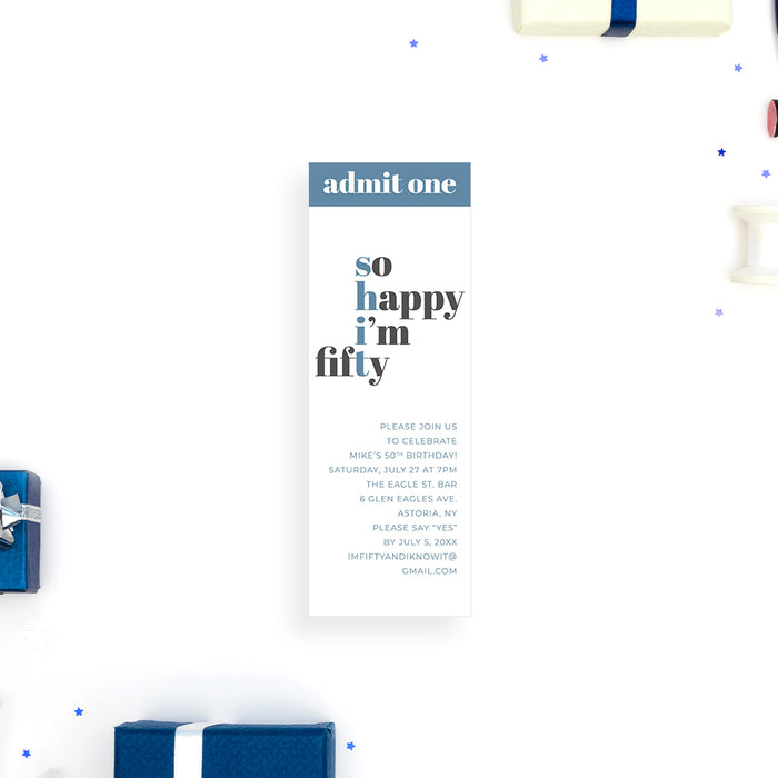 Admit one ticket-style 50th birthday invitation with modern typography and personalized event details