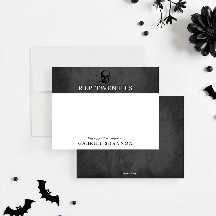 RIP Twenties notecard featuring a skull design, customizable with name and message for a gothic 30th birthday theme.-front-back