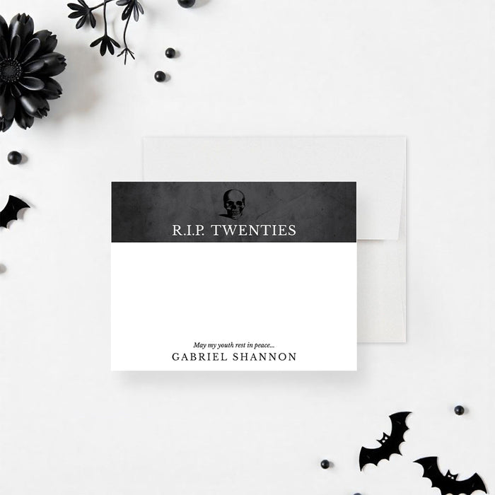 RIP Twenties notecard featuring a skull design, customizable with name and message for a gothic 30th birthday theme.-front