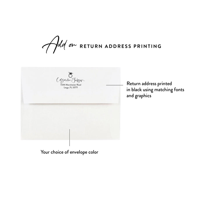 Optional return address printing on a white envelope flap with a black ring illustration above the script name and address.