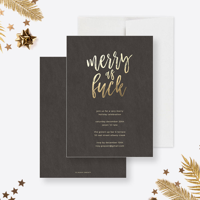 Funny holiday party invitation in black and gold with bold festive lettering