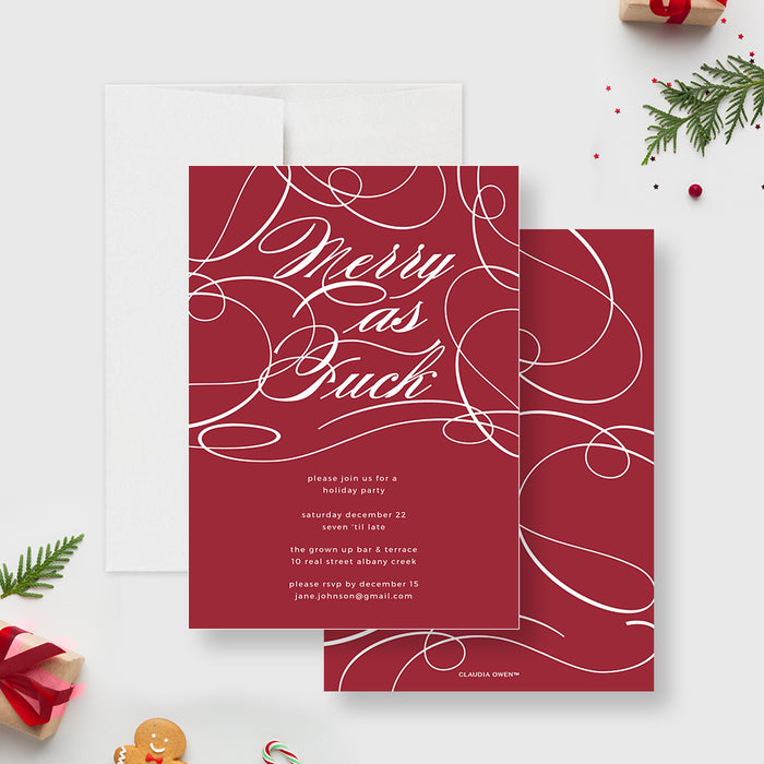 Front and back of the Merry As Fuck adult Christmas invitation template with cream swirls on a red background.
