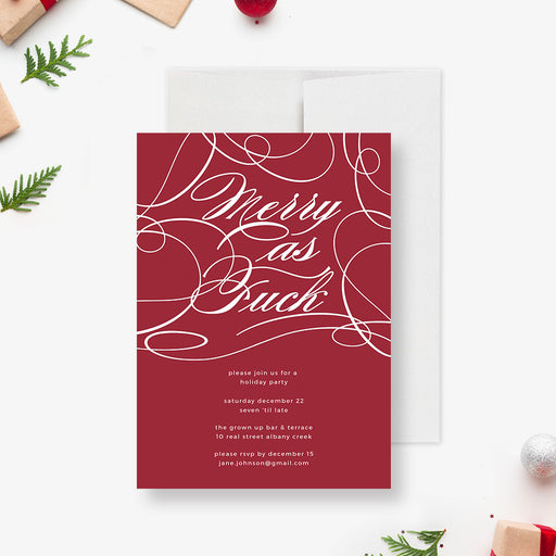 Funny Merry As Fuck Christmas party invitation template with flowing cream script on a deep red background.