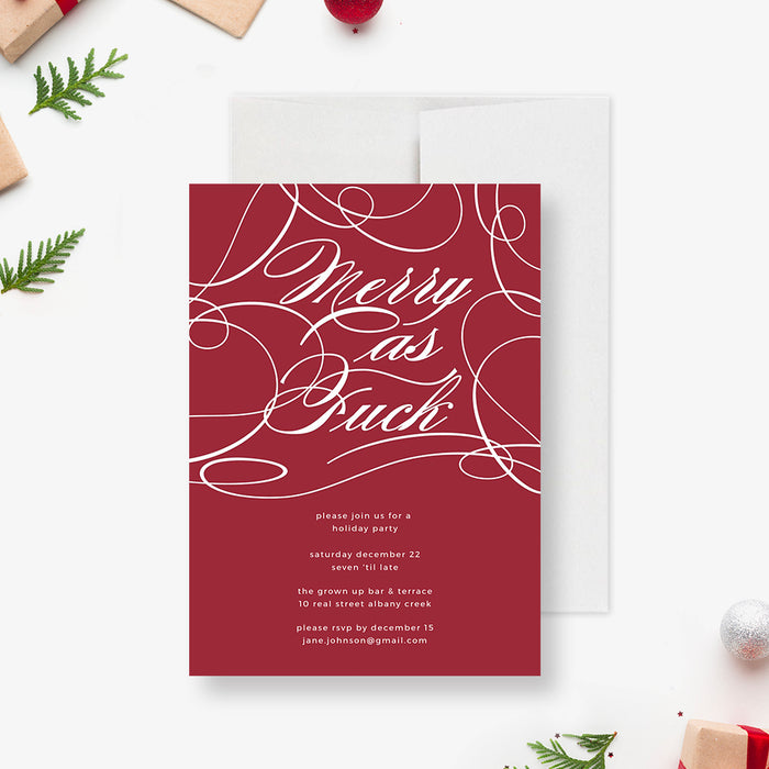 Funny Merry As Fuck Christmas party invitation template with flowing cream script on a deep red background.