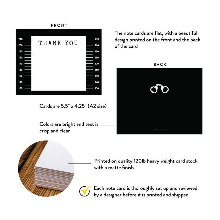Front and back view of personalized mugshot-style note card. Front displays height measurement lines, a top “Thank You” label, set against a black-and-white lineup backdrop. Back shows solid black background with handcuffs. Design printed on heavyweight white matte cardstock.

