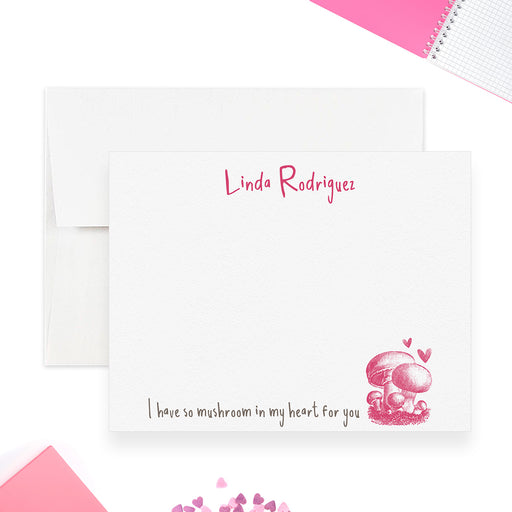 Funny mushroom love note card reading ‘I have so mushroom in my heart for you’ perfect for Valentine’s Day or quirky gag gifts.