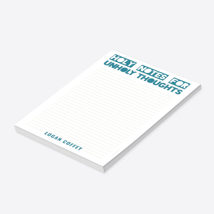 Funny personalized notepad with bold typography reading “holy notes for unholy thoughts” designed as a humorous adult gift with custom name-side