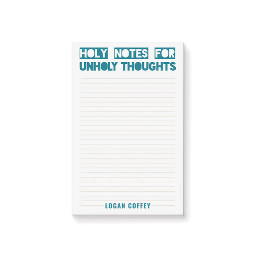 Funny personalized notepad with bold typography reading “holy notes for unholy thoughts” designed as a humorous adult gift with custom name.