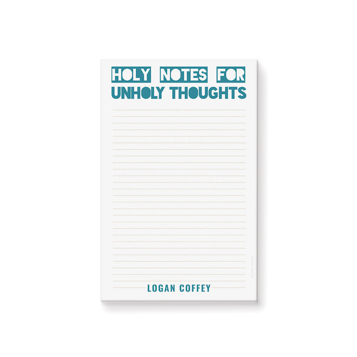 Funny personalized notepad with bold typography reading “holy notes for unholy thoughts” designed as a humorous adult gift with custom name.