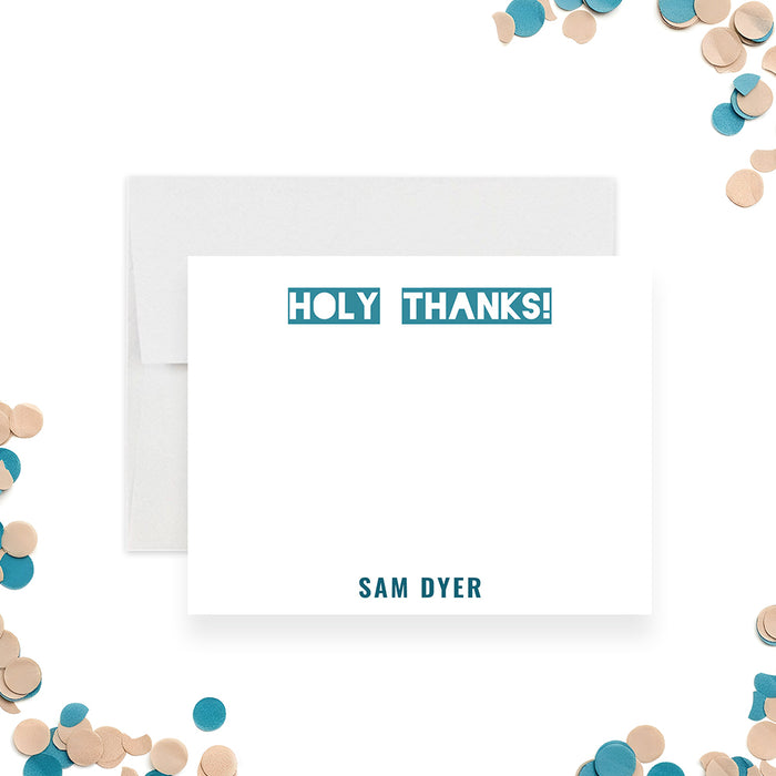 Funny personalized thank you card with bold typography reading “holy thanks” designed as a humorous adult birthday thank you note-front