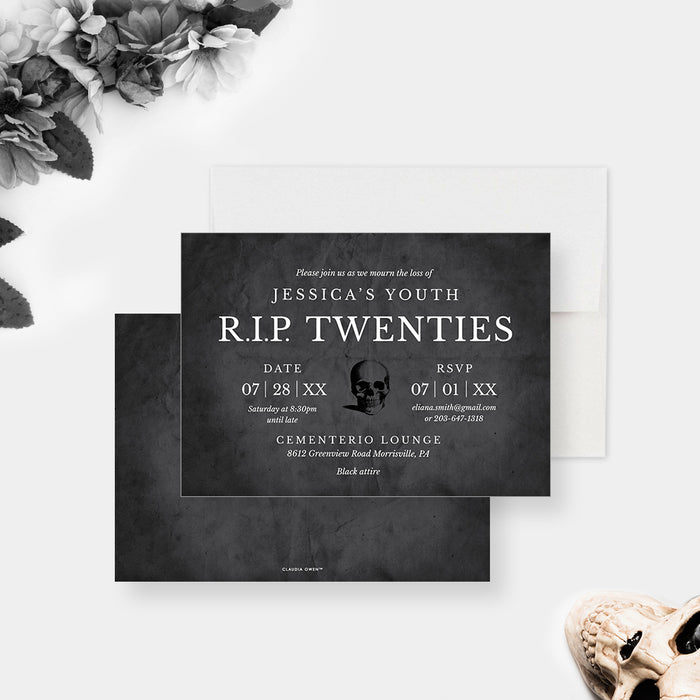 Black funeral-style R.I.P. Twenties birthday invitation card featuring a skull graphic and customizable details for a 30th birthday celebration.-front-back