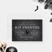 Black funeral-style R.I.P. Twenties birthday invitation card featuring a skull graphic and customizable details for a 30th birthday celebration.-front