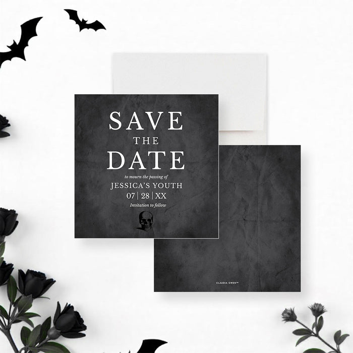 RIP Twenties save the date card with skull design and white gothic text on black background, perfect for spooky or funny milestone birthday celebrations.-front-back