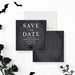 RIP Twenties save the date card with skull design and white gothic text on black background, perfect for spooky or funny milestone birthday celebrations.-front-back