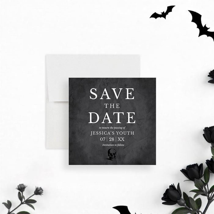 RIP Twenties save the date card with skull design and white gothic text on black background, perfect for spooky or funny milestone birthday celebrations.-front