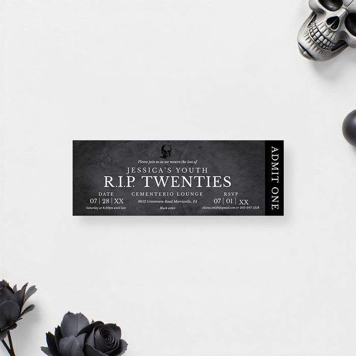 Black RIP Twenties birthday party invitation featuring gothic skull design and personalized event details