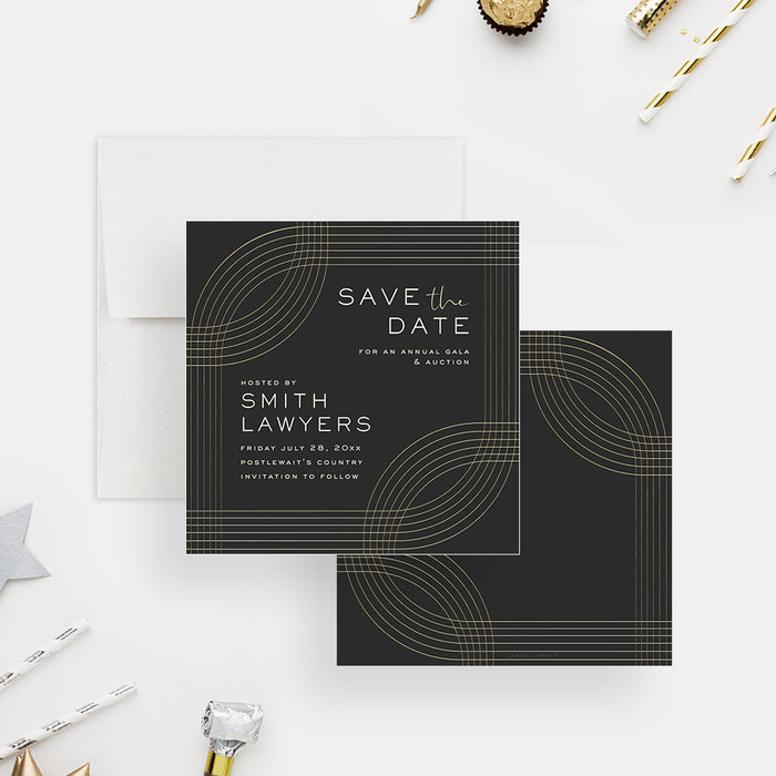 Formal Business Gala Save the Date Card in Gold and Black, Silent Auction Fundraising Event Save the Date Invitations