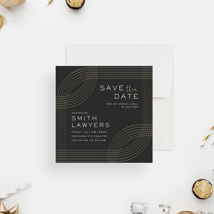 Formal Business Gala Save the Date Card in Gold and Black, Silent Auction Fundraising Event Save the Date Invitations