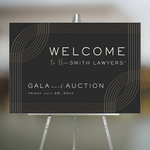 Black and gold welcome sign with geometric lines, customizable for business galas, auctions, and formal events.