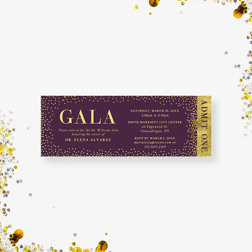 Elegant purple-and-gold ticket-style invitation, customized for formal events