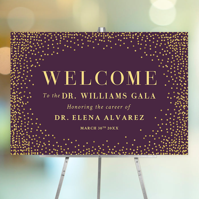 Personalized purple and gold welcome sign used as elegant event entrance decor for galas and formal celebrations
