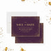 Elegant save the date card featuring purple and gold design, offering a sophisticated way to announce your event-front-back