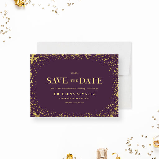 Elegant save the date card featuring purple and gold design, offering a sophisticated way to announce your event-front