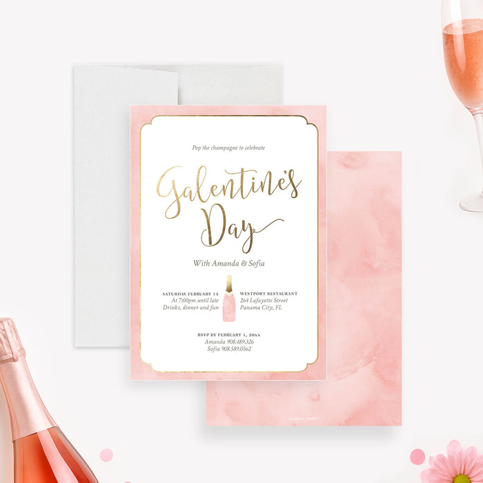 blush pink Galentine's Day invitation with elegant script lettering, champagne bottle illustration, and feminine party details-front-back
