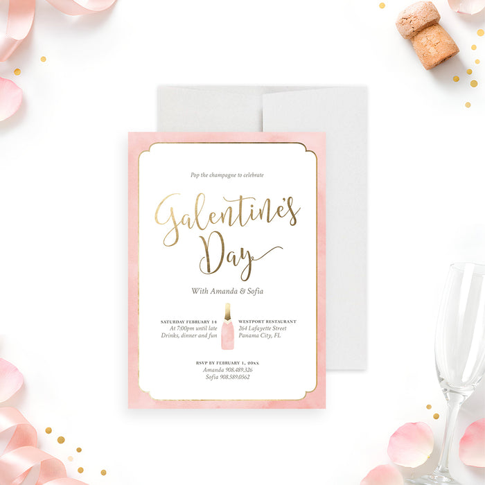 blush pink Galentine's Day invitation with elegant script lettering, champagne bottle illustration, and feminine party details-front