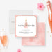 blush pink Galentine's Day save the date card with champagne bottle illustration, elegant lettering, and party details-front-back