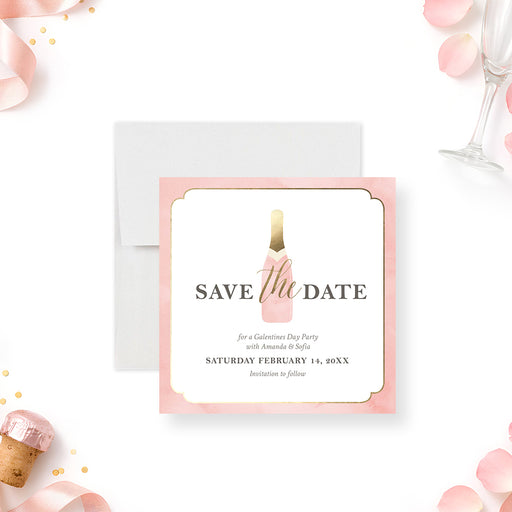 blush pink Galentine's Day save the date card with champagne bottle illustration, elegant lettering, and party details-front