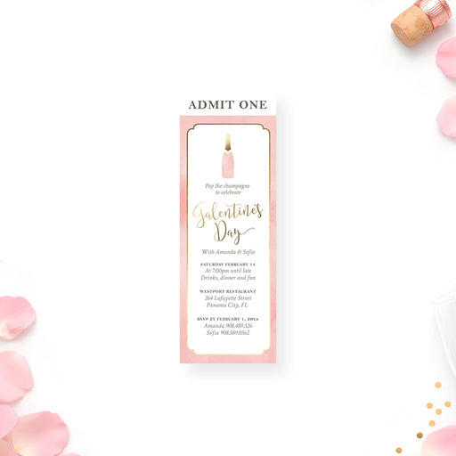 blush pink Galentine's Day ticket invitation with champagne bottle illustration, elegant lettering, and personalized party details