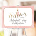 Galentine's Day welcome sign with blush pink background, champagne bottle illustration, elegant lettering, and party date displayed on an easel