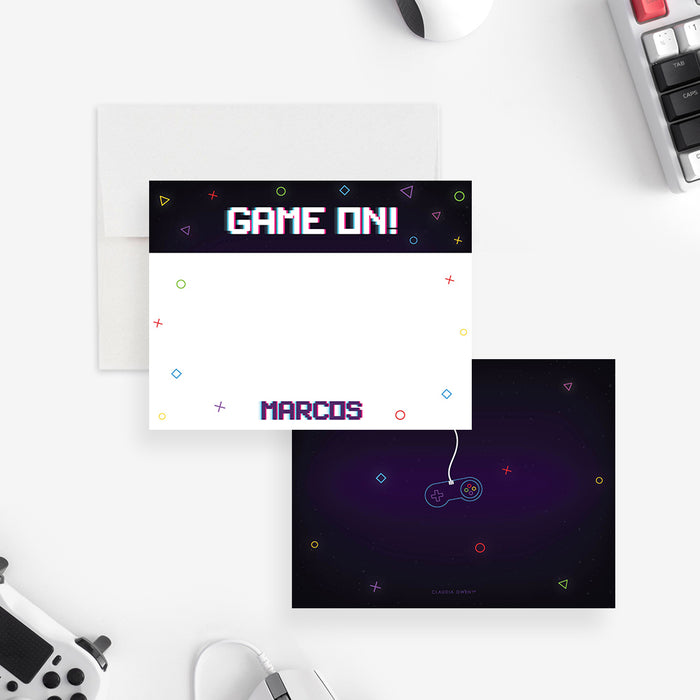 Personalized gaming thank you cards with Game On lettering, colorful game symbols and a purple controller design on the reverse.