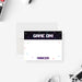 Personalized gaming thank you cards with Game On lettering, colorful game symbols and a purple controller design on the reverse.