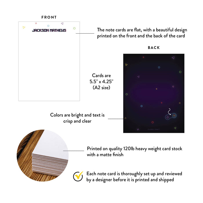 A2 note card specifications: 5.5 × 4.25 inches, double-sided printing and heavyweight 120 lb matte cardstock.