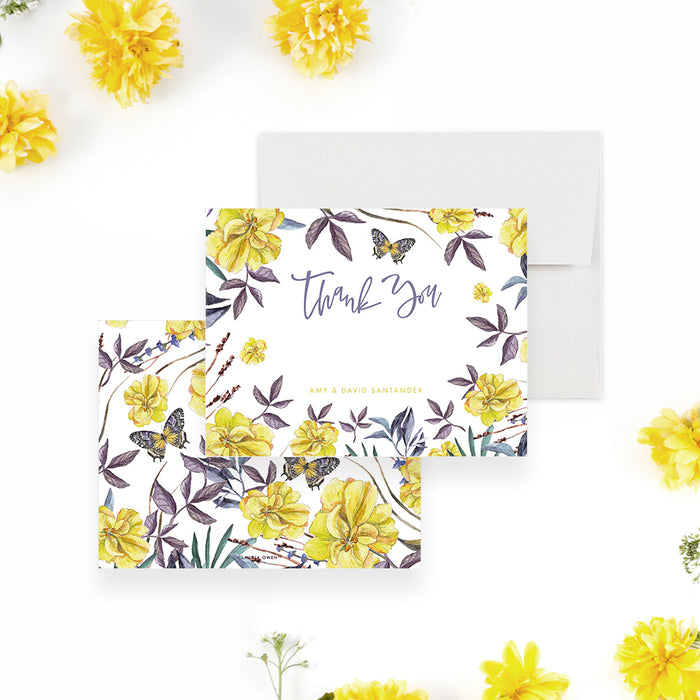 Summer Note Card with Yellow Flowers and Butterflies, Personalized Garden Bat Mitzvah Thank You Card