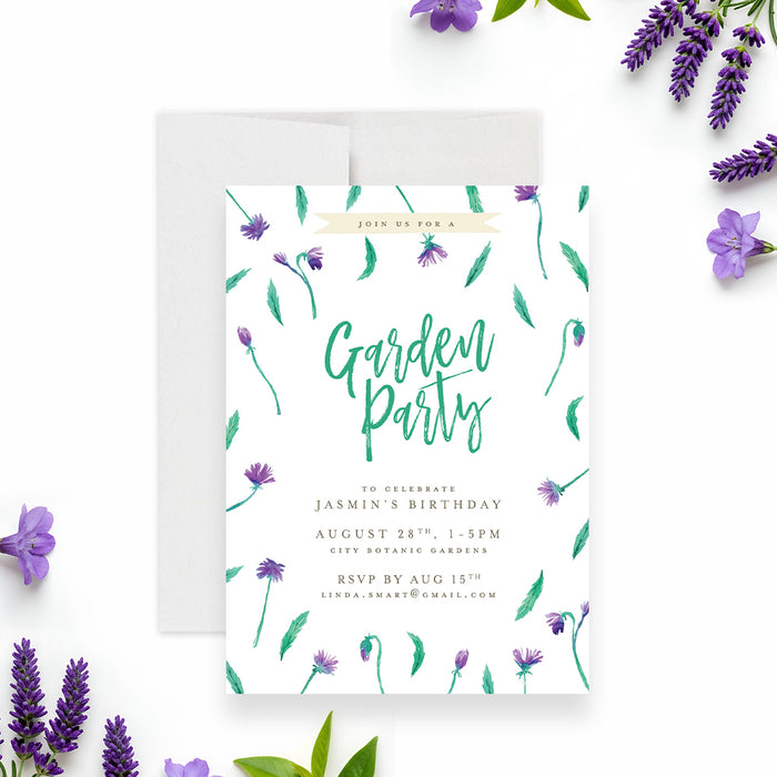 Garden party birthday invitation featuring watercolor purple flowers, green leaves, and elegant script lettering-front