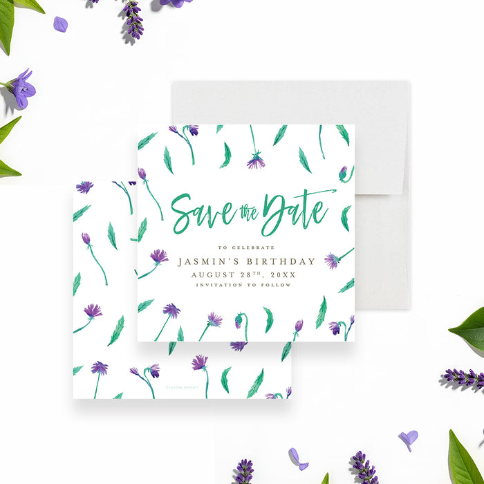 Floral save the date card featuring purple watercolor wildflowers and green script lettering for birthday or garden party-front-back
