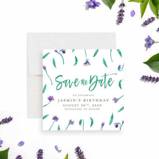 Floral save the date card featuring purple watercolor wildflowers and green script lettering for birthday or garden party-front