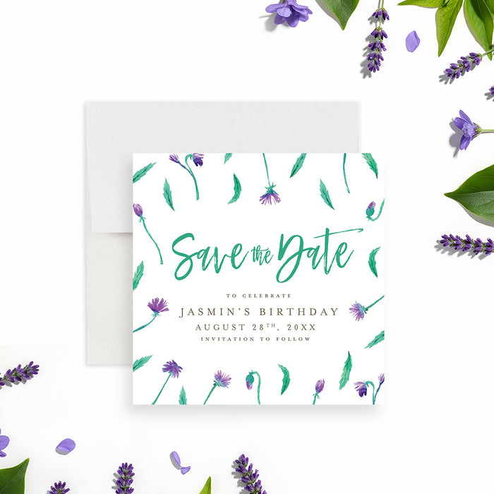Floral save the date card featuring purple watercolor wildflowers and green script lettering for birthday or garden party-front